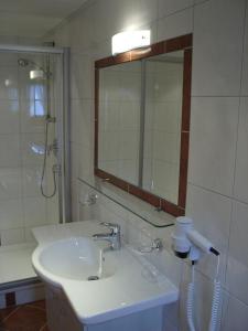 La salle de bains est pourvue d'un lavabo, d'un miroir et d'une douche. dans l'établissement Kammerlandhof, à Hippach