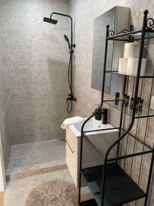 La salle de bains est pourvue d'une douche et d'un lavabo. dans l'établissement Casa Di Famiglia, à Thessalonique