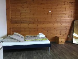 a bed in a room with a wooden wall at Appartement Rietli in Triesenberg