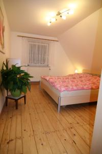 ein Schlafzimmer mit einem Bett und einer Topfpflanze in der Unterkunft Ferienhaus Auerswalde in Lichtenau