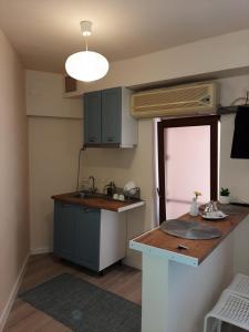 a small kitchen with blue cabinets and a sink at Casa Flamingo in Craiova