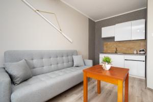 ein Wohnzimmer mit einem Sofa und einem Tisch in der Unterkunft Villa Livia in Niechorze