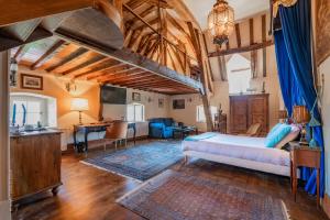 a large room with a bed, chairs, and a fireplace at Château De Denonville in Denonville