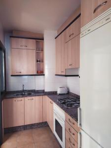 龐特維德拉的住宿－Apartamentos ClavedeSol II，厨房配有木制橱柜和炉灶烤箱。