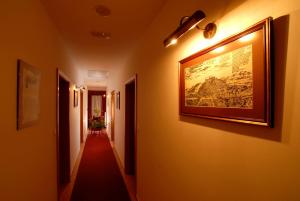 un pasillo con una pintura en la pared y una alfombra roja en Guesthouse Bajc, en Vrhnika
