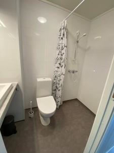 a white bathroom with a toilet and a shower at Mosjøen Overnatting, Finnskoggata 20 in Mosjøen