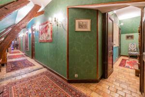 a hallway with green walls and rugs at Château De Denonville in Denonville