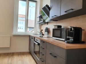 a kitchen with a counter with a microwave and a sink at PB Ferienwohnungen - FeWo 4 - Stilvoll eingerichtetes Studio im Herzen Senftenbergs in Senftenberg