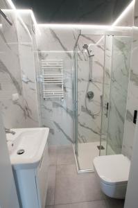 La salle de bains est pourvue d'une douche, de toilettes et d'un lavabo. dans l'établissement ORKAN rooms&restaurant, à Mielno