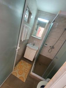 a small bathroom with a shower and a toilet at Casa Maria Saturn in Saturn +5 photos