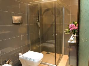 W łazience znajduje się kabina prysznicowa i toaleta. w obiekcie Hotel Kompleksi Arifi w Szkodrze
