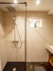 La salle de bains est pourvue d'une douche avec une porte en verre. dans l'établissement Grand appartement 4 pièces centre de Cannes, à Cannes