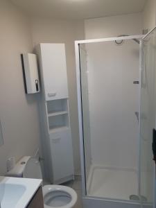 a white bathroom with a shower and a toilet at Bella Plaza in De Panne