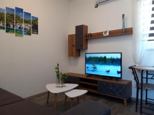 un salon avec une télévision à écran plat sur un mur dans l'établissement Apartmani Ponistra, à Šibenik