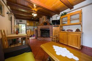a kitchen with a living room with a fireplace at Lukovo in Lukovo