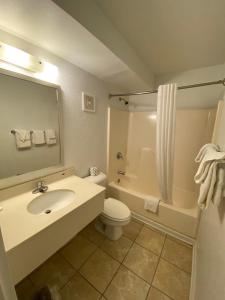 Outer Banks Inn في كيل ديفيل هيلز: حمام مع حوض ومرحاض ودش
