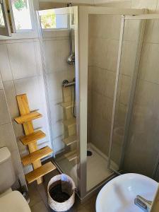 uma casa de banho com um chuveiro, um WC e um lavatório. em Propriété Malva appartement bergamotta em Alata