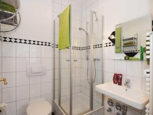 a bathroom with a shower and a toilet and a sink at Villa Lucie Else 06 in Heringsdorf
