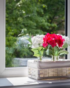 un jarrón de flores rojas y blancas sentado en una ventana en Cromwell road apartments, en Londres