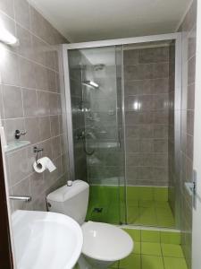 uma casa de banho com um WC e uma cabina de duche em vidro. em Hotel Spojar em Ziar