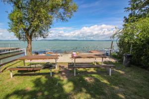 duas mesas de piquenique com vista para a água em Panoráma em Balatonlelle