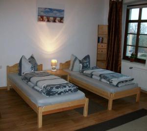 2 camas individuales en una habitación con ventana en Ferienwohnung Landwirtschaftliches Gut Taentzler, en Hecklingen