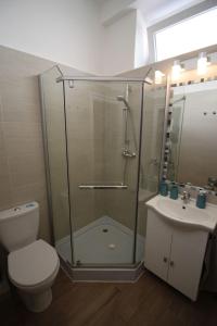 y baño con ducha, aseo y lavamanos. en Andrew's Residence Budapest, en Budapest