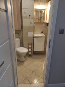a small bathroom with a toilet and a sink at Apartament Centrum Bartoszyce in Bartoszyce