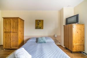 a bedroom with a bed and a flat screen tv at Willa Michalinka in Jastarnia