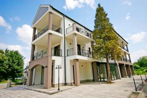 um edifício branco com uma árvore em frente em Boutique Hotel Divina em Harkány