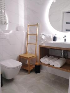 ein Badezimmer mit einem WC, einem Waschbecken und einem Spiegel in der Unterkunft Albus 112 ApartPark in Świnoujście