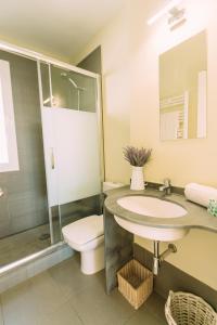 un bagno con lavandino, WC e doccia di Ático con terraza en el centro de Sevilla a Siviglia