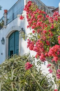 a bunch of pink flowers on a building with a blue door at Eighteen21 Houses - Casa dos Condes in Cano