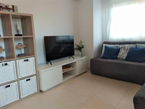 salon z kanapą i telewizorem z płaskim ekranem w obiekcie ACV - Vistamar III-1ª línea planta 2 Frontal w mieście Oropesa del Mar
