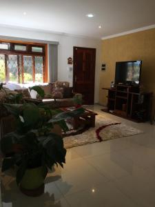 a living room with a couch and a tv at Casa Campos in Campos do Jordão