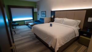 RichburgにあるHoliday Inn Express & Suites Richburg by IHGのベッドルーム(大型ベッド1台、青い椅子付)