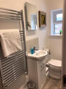 a bathroom with a sink and a toilet and a mirror at The Retreat in Sheringham