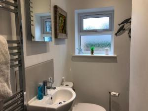 a bathroom with a sink and a toilet and a window at The Retreat in Sheringham
