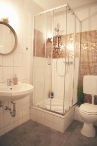 a bathroom with a shower and a toilet and a sink at GATSBY Apartment in Gelsenkirchen