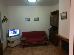 sala de estar con sofá rojo y TV de pantalla plana en Casa Corone, en Alfedena
