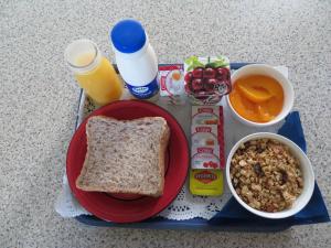 um prato de comida com uma sanduíche e uma taça de fruta em Commodore Court Motel em Blenheim