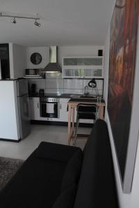 a small kitchen with a table and a refrigerator at 1-Zimmer Business Appartement in Worms