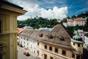 a view of a city from a building with a roof at Boutique apartments - Central Old Town in Banská Štiavnica