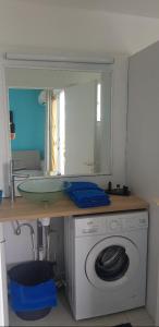 Très bel appartement avec Vue Mer, Accès Direct à la Plage et Piscine surveillée في سانت فرانسوا: حمام مع مغسلة وغسالة ملابس