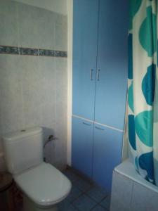 een badkamer met een wit toilet en een blauwe kast bij Εξοχικό σπίτι ΚΑΝΤΗΡΑΚΑΣ in Gythio