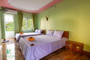 two beds in a room with green walls at Pi's Homestay CatBa in Cat Ba