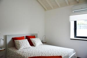 a bedroom with a bed with red pillows and a window at Casa dos Botes - WhaleBoat House TER in São Caetano
