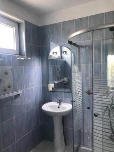 ein Bad mit einem Waschbecken und einer Dusche in der Unterkunft Vila Sofia in Eforie Nord