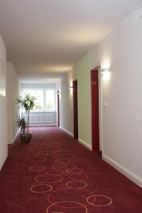 an empty hallway with a red carpet and a window at Stern in Albershausen