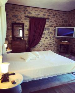 a bedroom with a large bed with a tv on the wall at Kamares Stone House 5 in Álika